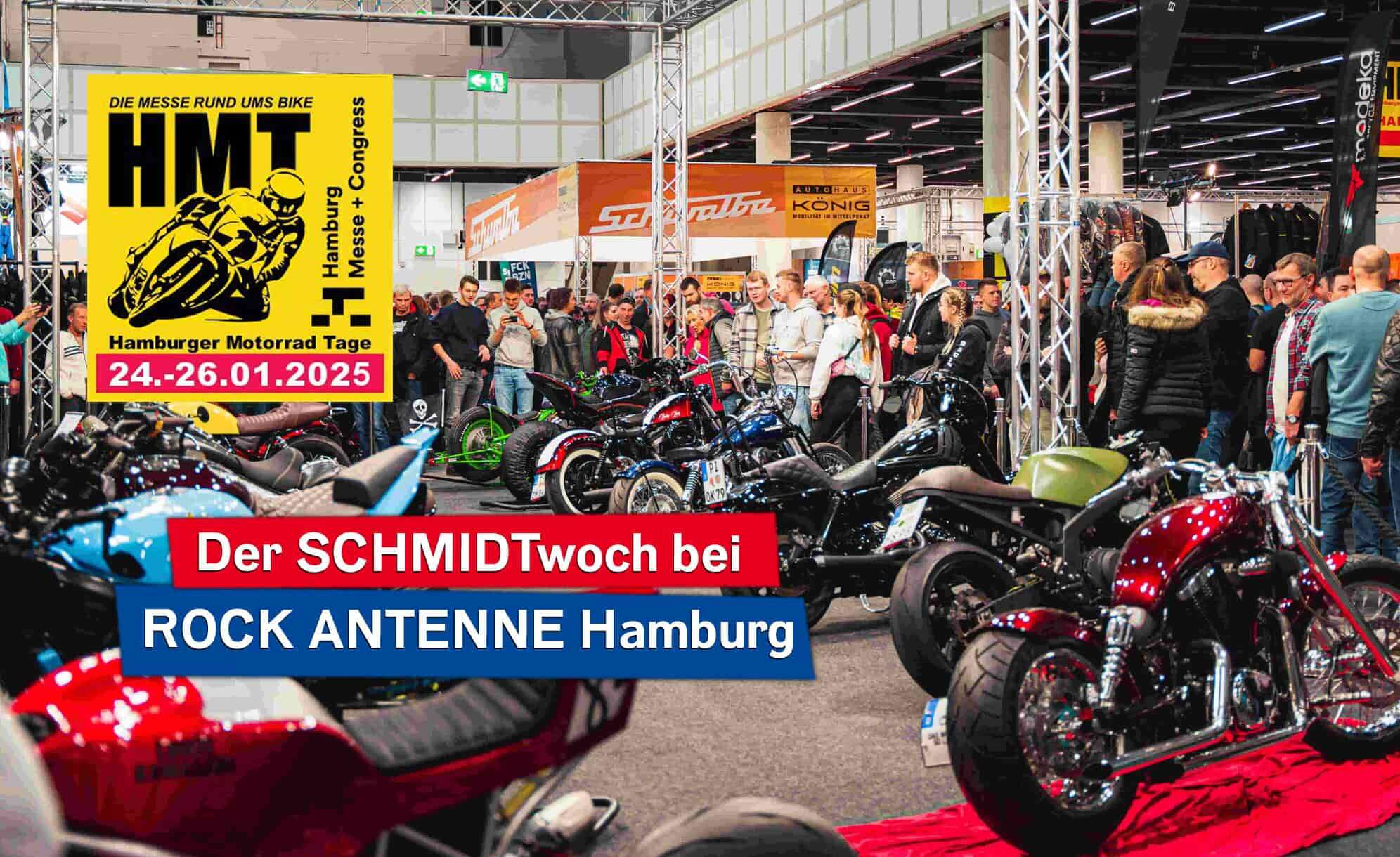 Bild von der Motorradmesse Hamburger Motorrad Tage 2025 mit dem Button "Der Schmidtwoch auf ROCK ANTENNE Hamburg"