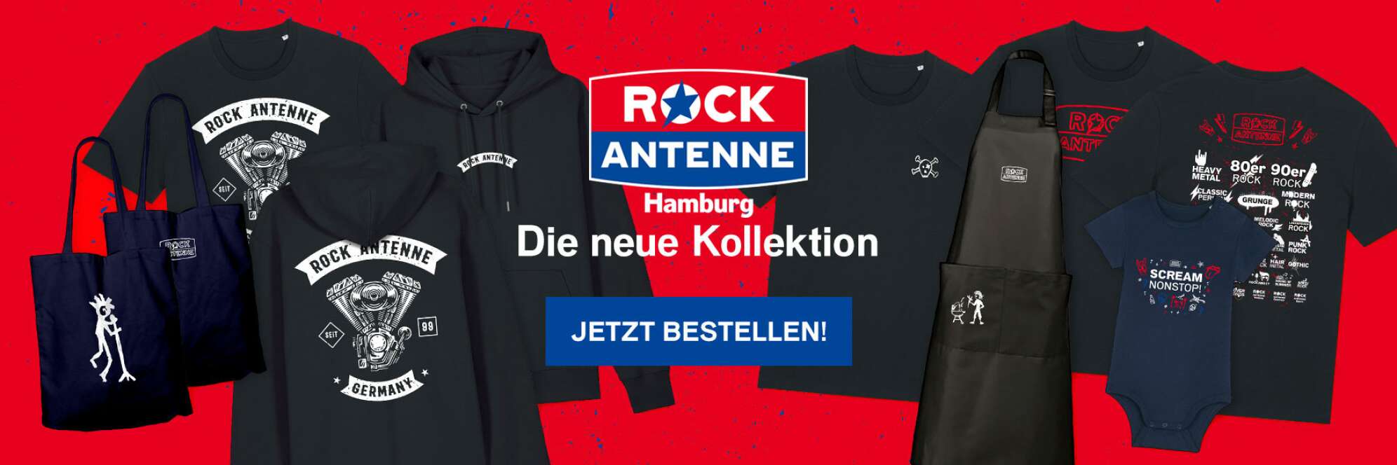 Die ROCK ANTENNE Hamburg Merchandise Shop Produkte nebeneinander: Jutebeutel, T-Shit und Hoodie in verschiedenen Designs, das ROCK ANTENNE Hamburg Logo und der Text: Die neue Kollektion - jetzt bestellen!