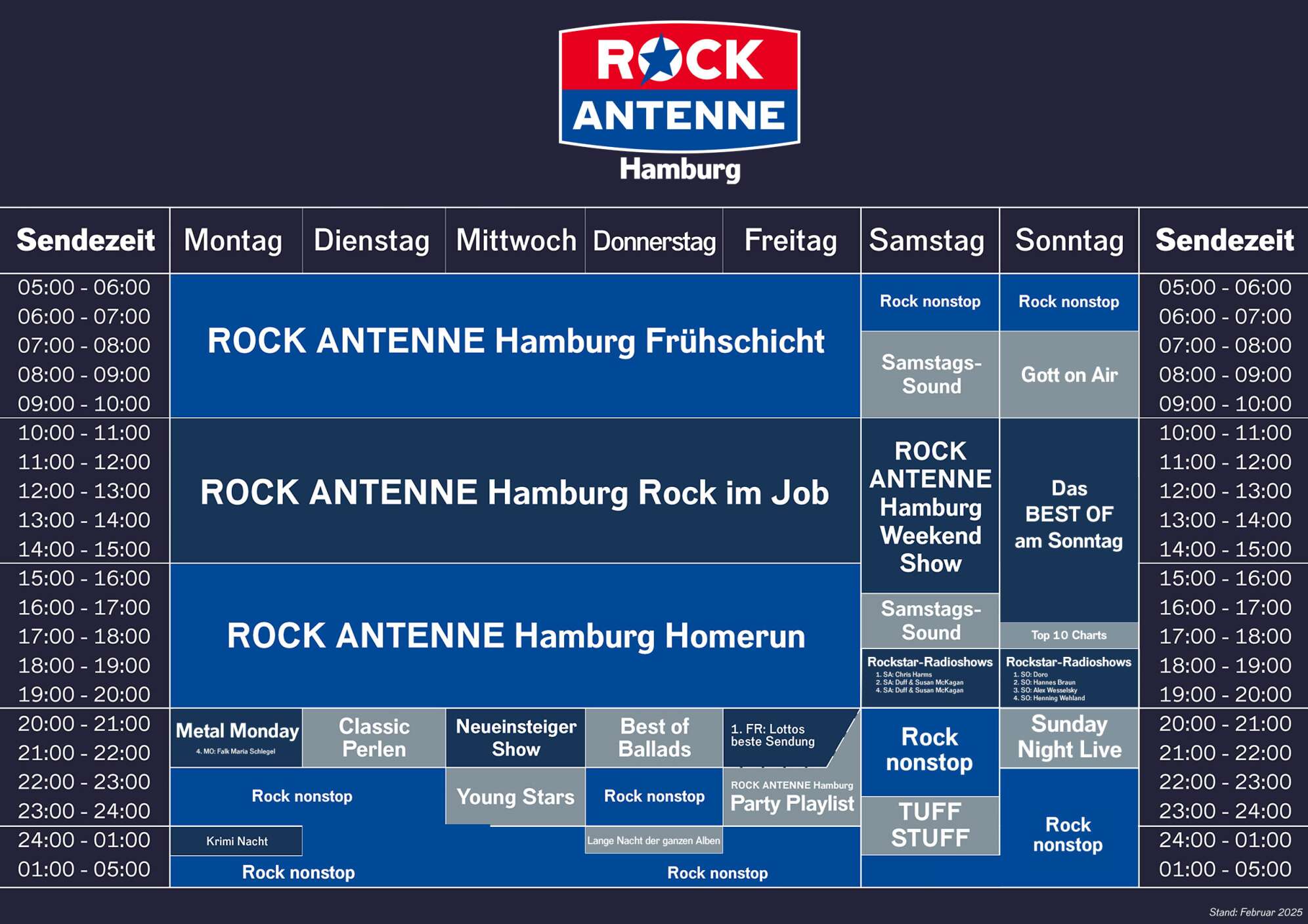 Das Programmschema von ROCK ANTENNE Hamburg mit allen Sendungen Montag bis Sonntag