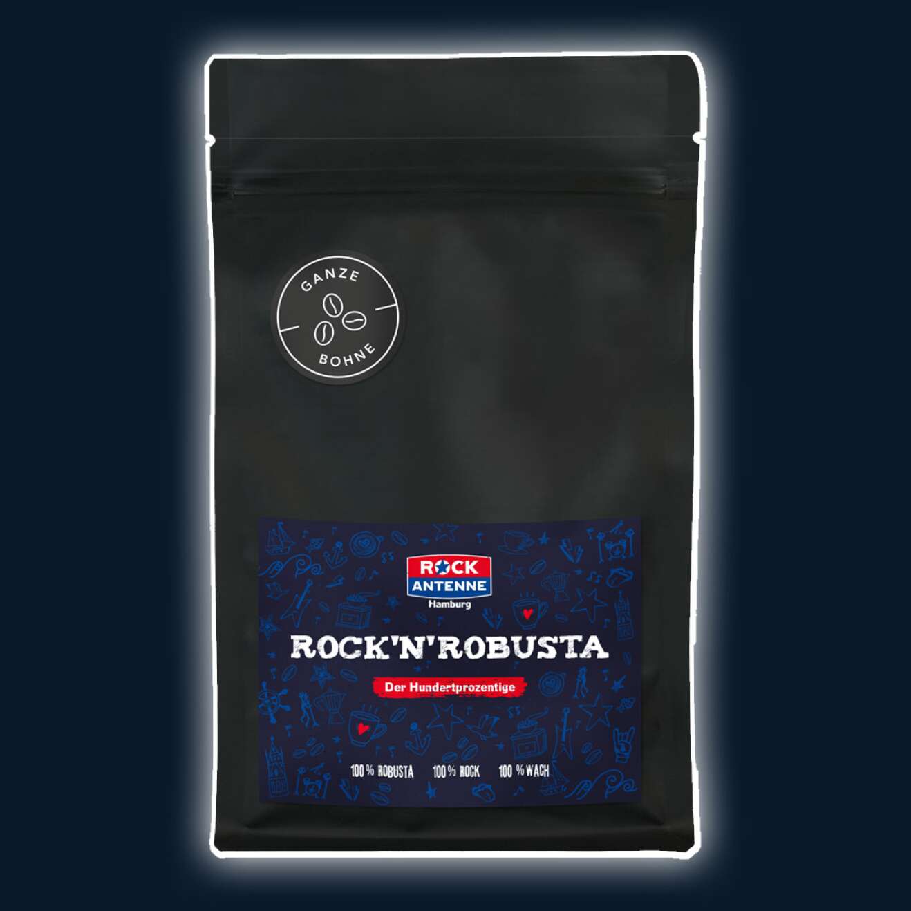 Packshot des ROCK ANTENNE Hamburg Kaffees "Rock N Robusta"