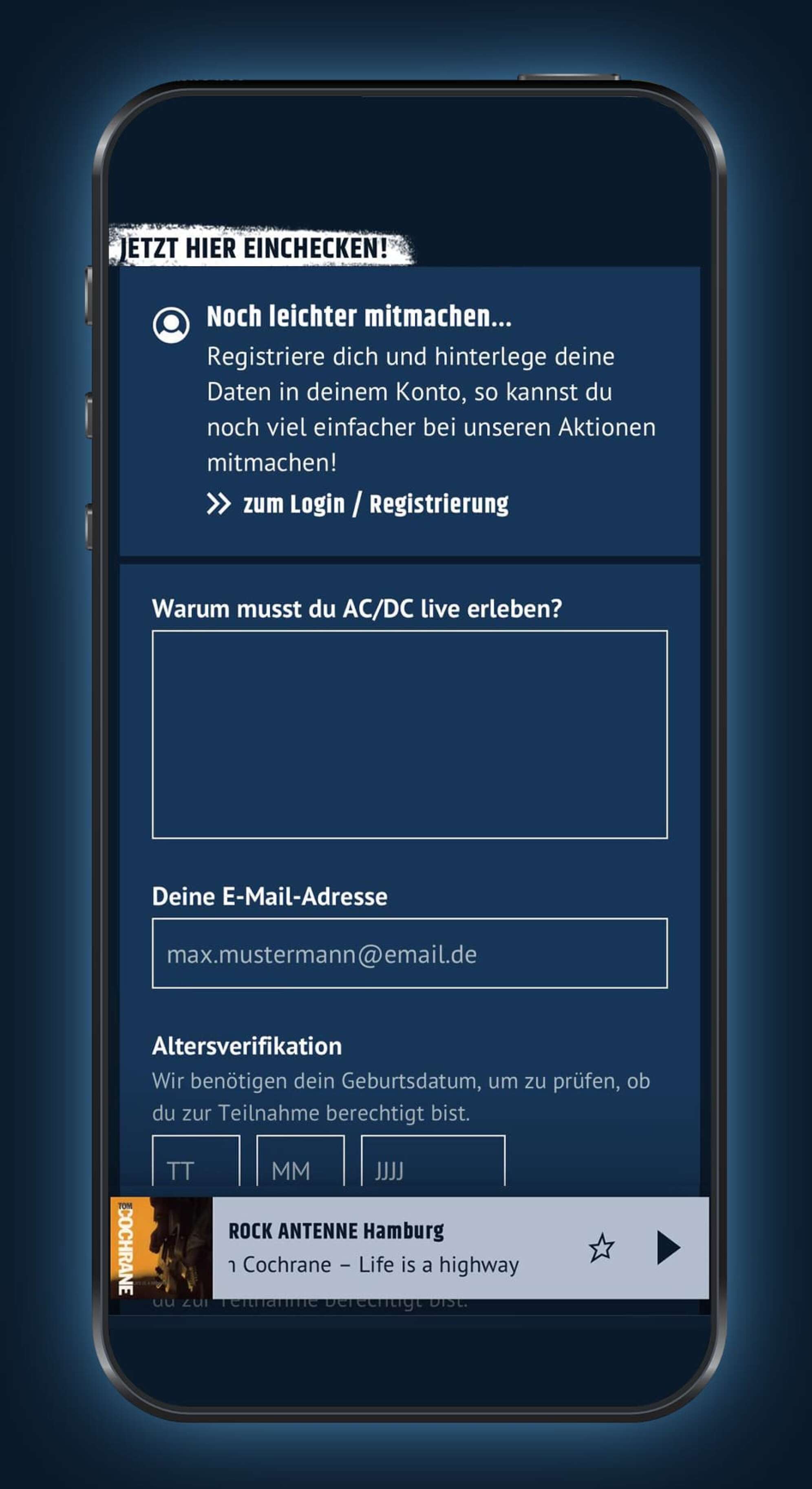 Screenshot der ROCK ANTENNE Hamburg App auf der Aktuelles-Seite mit dem Teilnahme-Formular des Mega Konzerte März