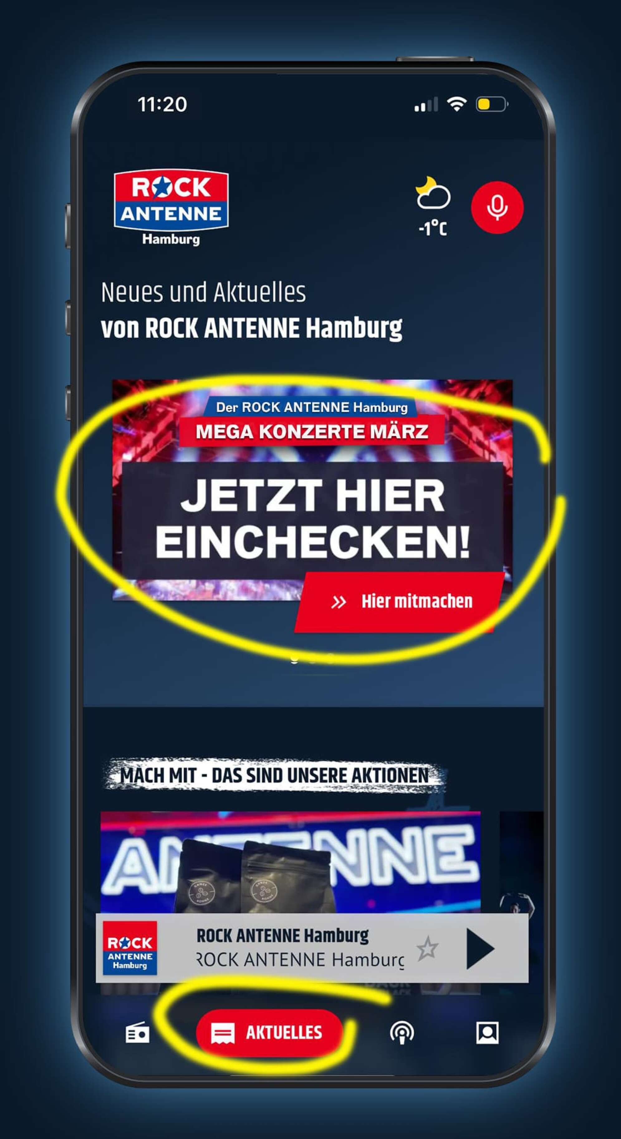 Screenshot der ROCK ANTENNE Hamburg App auf der Aktuelles-Seite mit der Aktion - der ROCK ANTENNE Mega Konzerte März - im Fokus