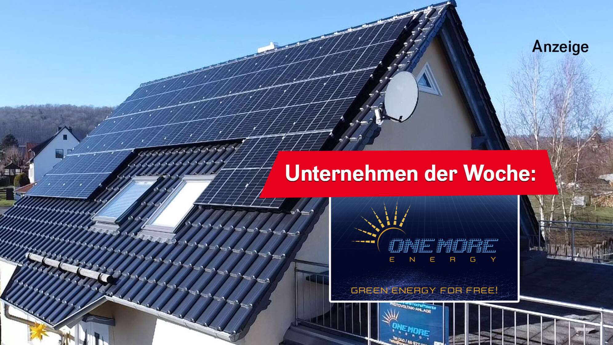 Ein Bild von einem Haus mit einer Photovoltaikanlage auf dem Dach, dazu die Aufschrift "Unternehmen der Woche:" und das Logo der OneMore Energy GmbH