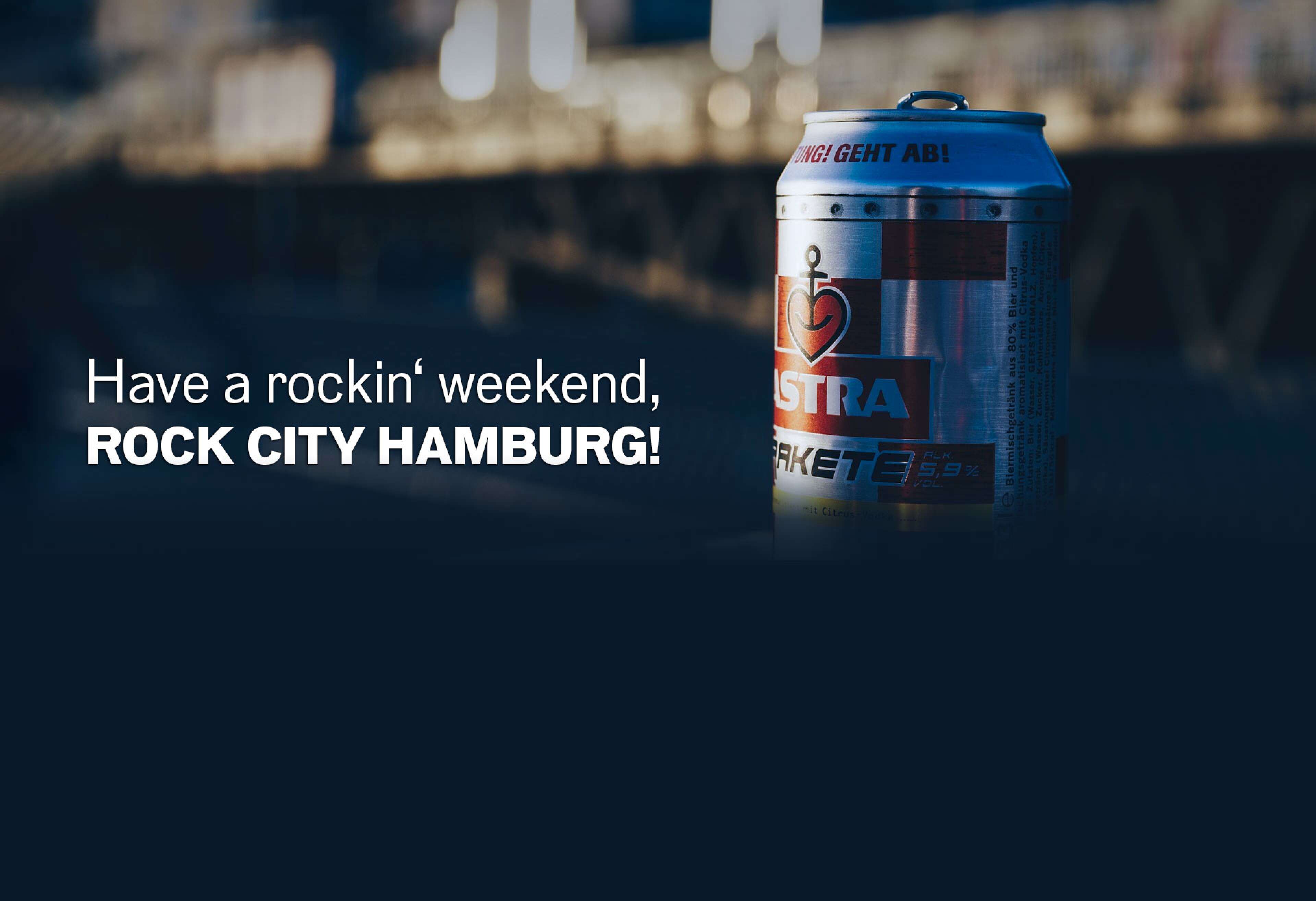 Ein Bild einer Dose Astra mit Text "Der Norden rockt mit ROCK ANTENNE Hamburg!"