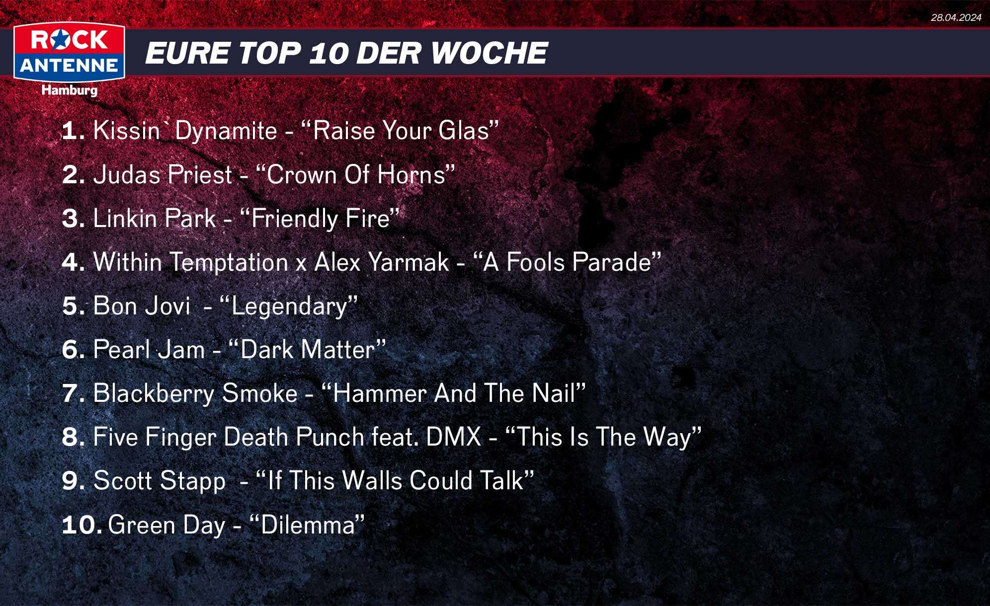 Die Top 10 der Woche vom 05.05.2024: 1. Kissin`Dynamite - “Raise Your Glas” 2. Judas Priest - “Crown Of Horns” 3. Linkin Park - “Friendly Fire” 4. Within Temptation x Alex Yarmak - “A Fools Parade” 5. Bon Jovi  - “Legendary” 6. Pearl Jam - “Dark Matter” 7. Blackberry Smoke - “Hammer And The Nail” 8. Five Finger Death Punch feat. DMX - “This Is The Way” 9. Scott Stapp  - “If This Walls Could Talk” 10. Green Day - “Dilemma”