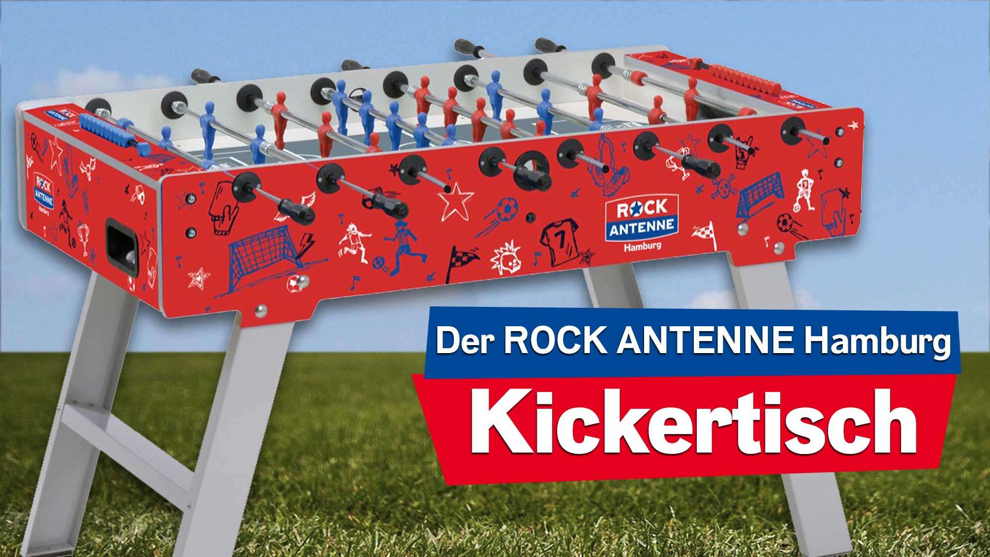 Grafische Darstellung des ROCK ANTENNE Hamburg Kickertischs mit ROCK ANTENNE Hamburg Scribbles auf dem Layout - dazu der Text: Der ROCK ANTENNE Hamburg Kickertisch