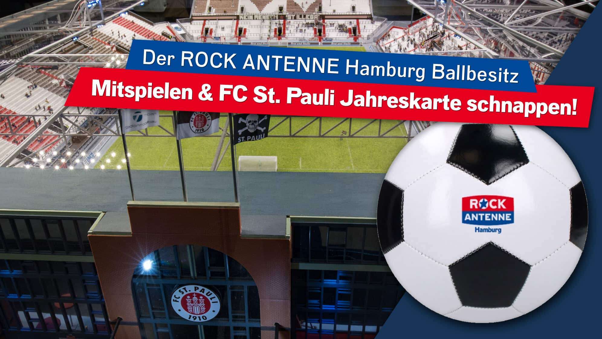 Ein Modell vom Millerntor-Stadion, dem Stadion des Fußball-Bundesligisten FC St. Pauli, dazu der Text: Der ROCK ANTENNE Hamburg Ballbesitz - mitspielen und FC St. Pauli Jahreskarte schnappen!