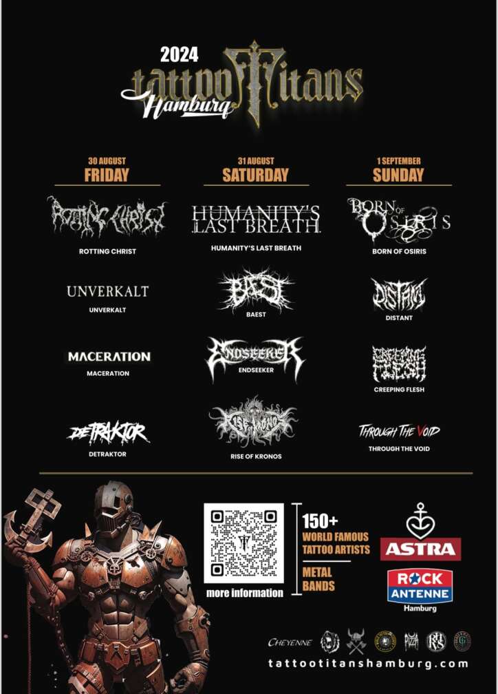 Poster der Tattoo Convention Tattoo Titans Hamburg 2024 mit allen Bands, die dort auftreten