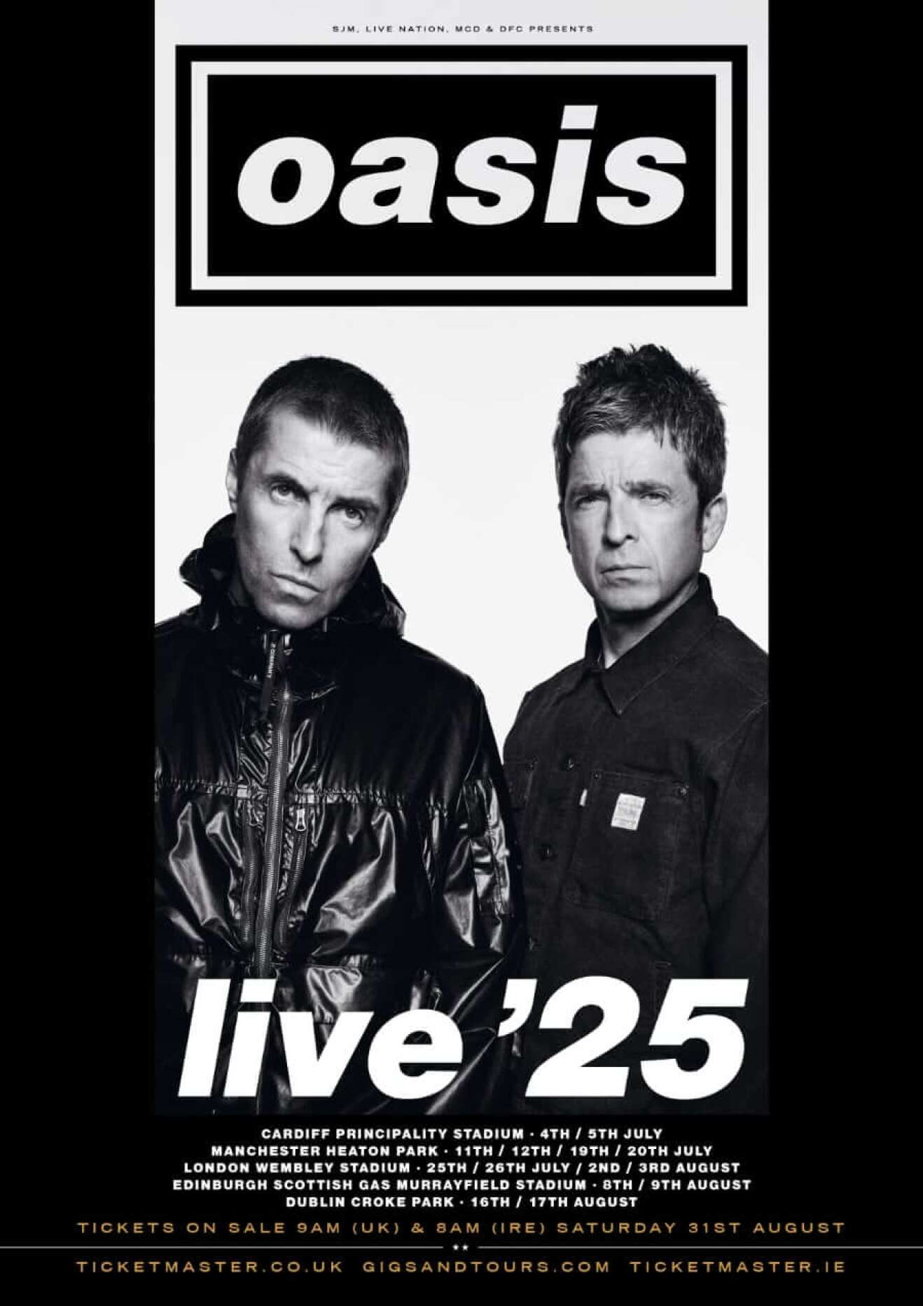 Tourposter der Oasis 25 Welttournee - zu sehen sind Liam und Noel Gallagher, die direkt in die Kamera blicken und alle Termine sowie sonstige Infos