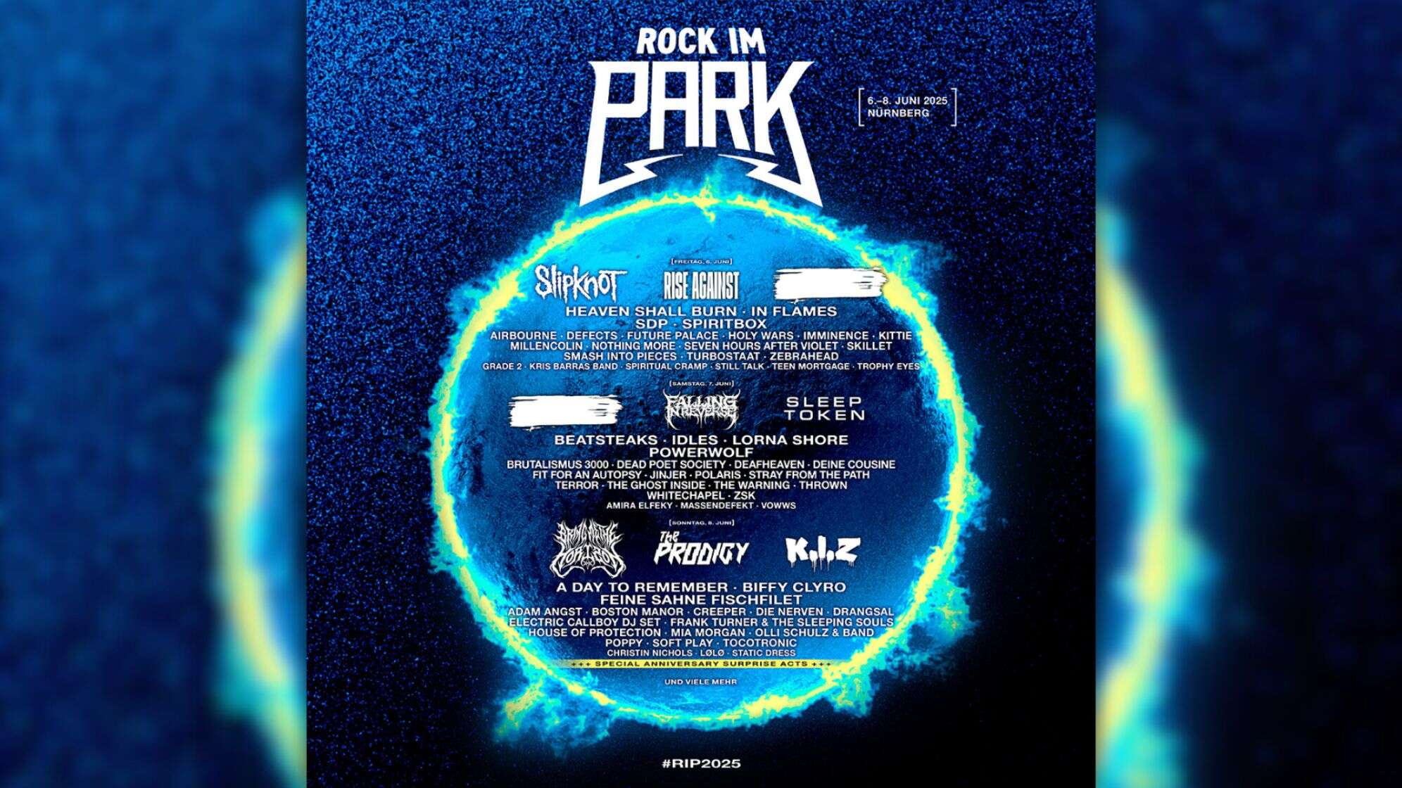 Das Rock im Park Lineup für 2025 mit Headliner wie Slipknot, Bringe Me The Horizon, Falling In Reverse, The Prodigy, k.I.Z. und Rise Against und Sleep Token