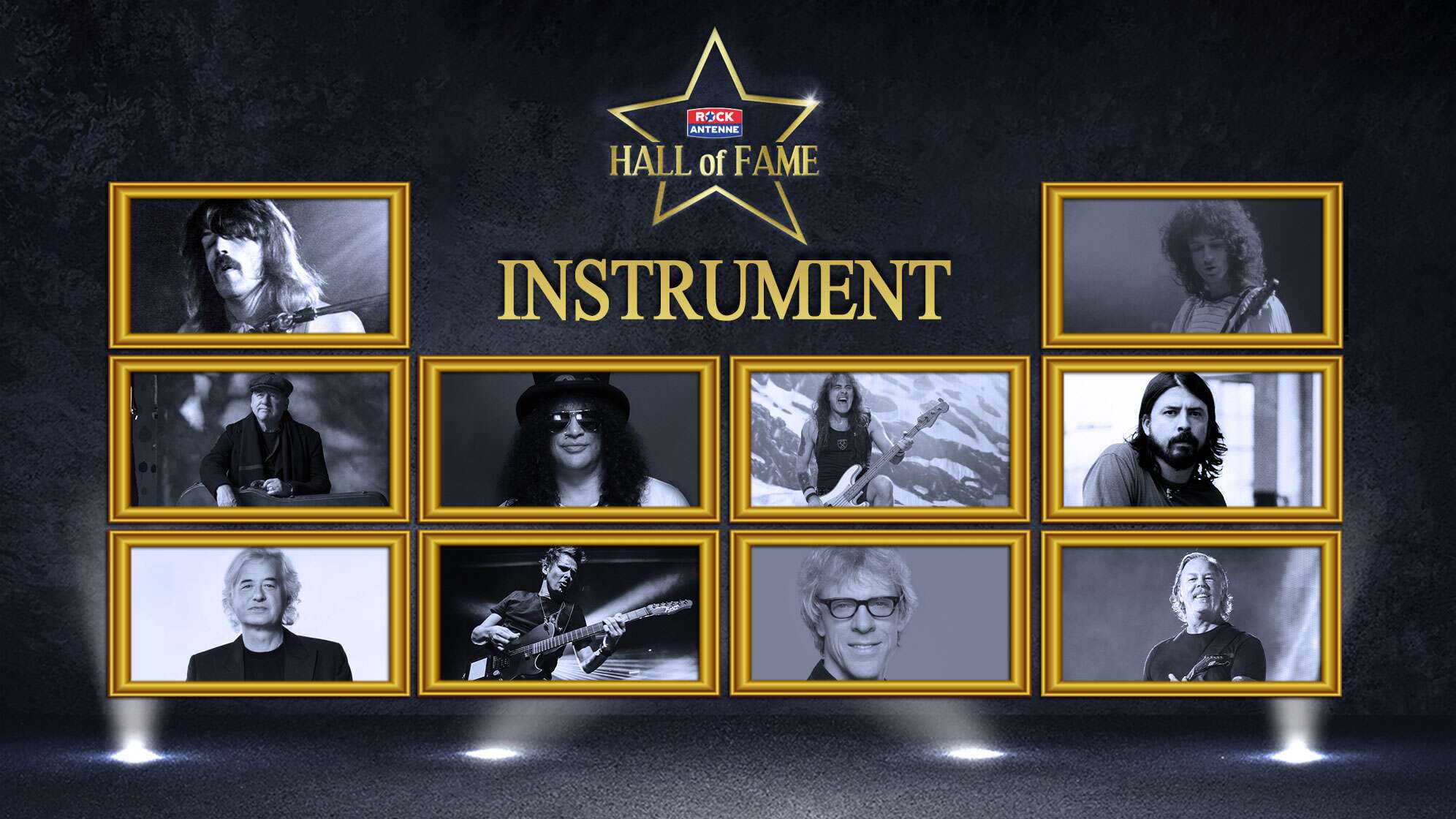 Die Nominierten für die ROCK ANTENNE Hall of Fame 2024 in der Kategorie Instrument: - Jimmy Page (Gitarre) - Slash (Gitarre) - Brian May (Gitarre) - Stewart Copeland (Drums) - Mark Knopfler (Gitarre) - Steve Harris (Bass) - Dave Grohl (Drums/Gitarre/Bass/alles) - Jon Lord (Orgel/Keyboard) - Matt Bellamy (Gitarre) - James Hetfield (Rhythmus-Gitarre)