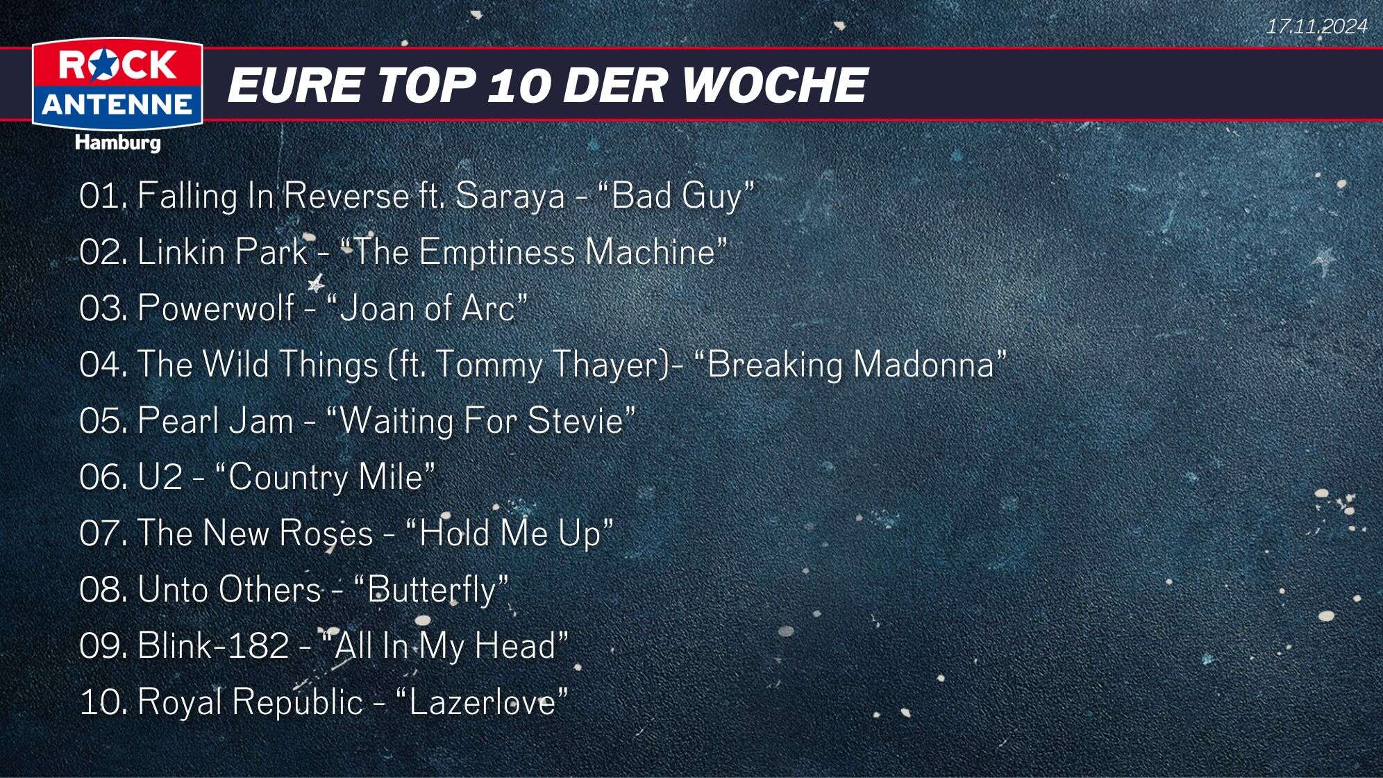 Die Top 10 vom 17.11.2024: 01. Falling In Reverse ft. Saraya - “Bad Guy” 02. Linkin Park - “The Emptiness Machine”  03. Powerwolf - “Joan of Arc” 04. The Wild Things (ft. Tommy Thayer)- “Breaking Madonna” 05. Pearl Jam - “Waiting For Stevie”  06. U2 - “Country Mile”  07. The New Roses - “Hold Me Up”  08. Unto Others - “Butterfly” 09. Blink-182 - “All In My Head” 10. Royal Republic - “Lazerlove”